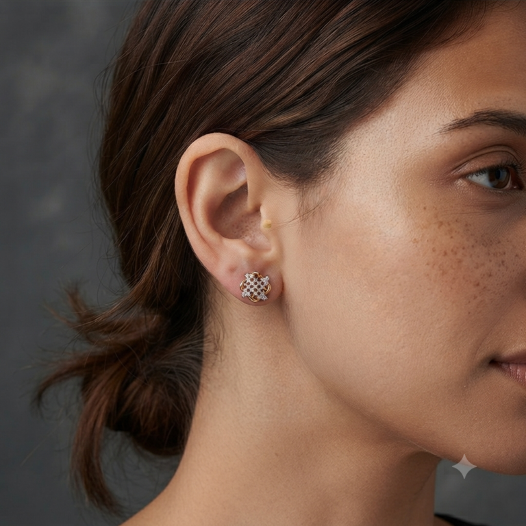 Lattice Shape Moissanite Stud Earrings In 925 Sterling Silver.