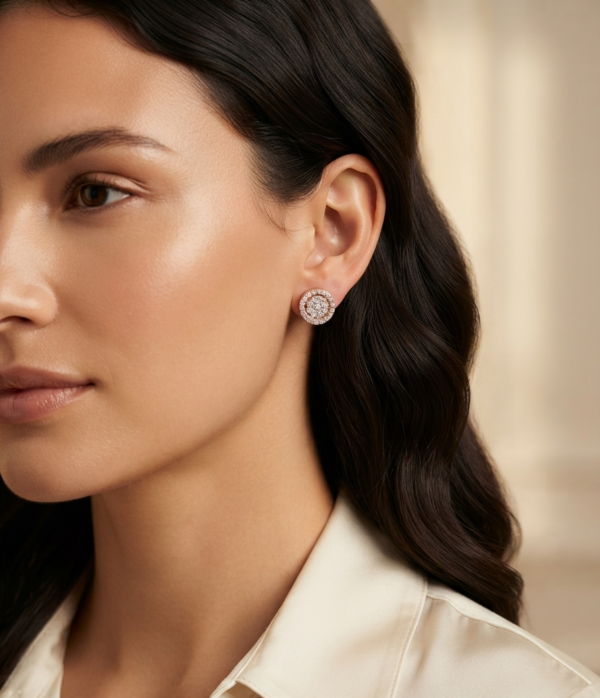 D-VVS Round Halo Moissanite Stud Earrings In 925 Sterling Silver.