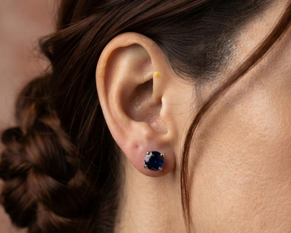 Deep Sapphire Blue CZ Stud Earrings In Round Shape In 925 Sterling Silver