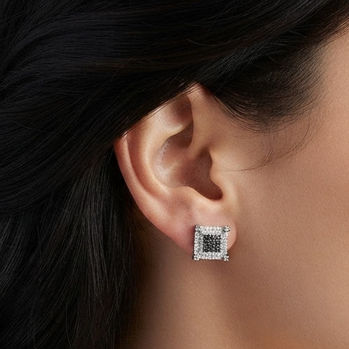 Black & White Moissanite Square Halo Stud Earrings in 925 Sterling Silver for Women