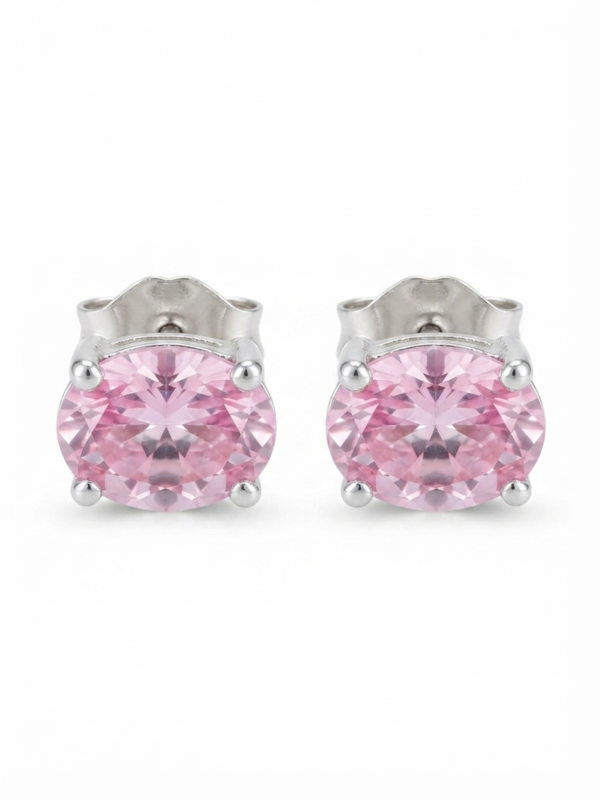 Pink CZ Women's Wear Stud Earrings Oval Shape In 925 Sterling Silver.