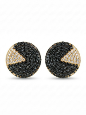 Two-Tone Black and White Moissanite Stud Earrings Geometric Pave Shape In 925 Sterling Silver.