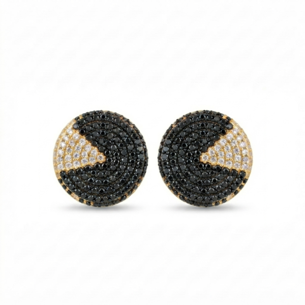 Two-Tone Black and White Moissanite Stud Earrings Geometric Pave Shape In 925 Sterling Silver.