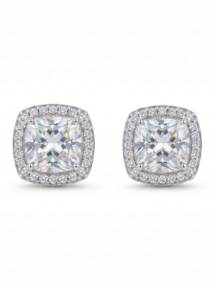 Real Moissanite Stud Earrings Cushion Shape in 925 Sterling Silver.