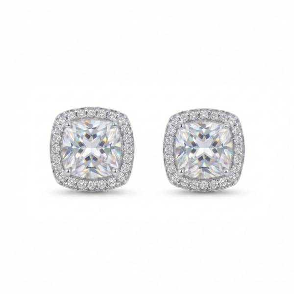 Real Moissanite Stud Earrings Cushion Shape in 925 Sterling Silver.