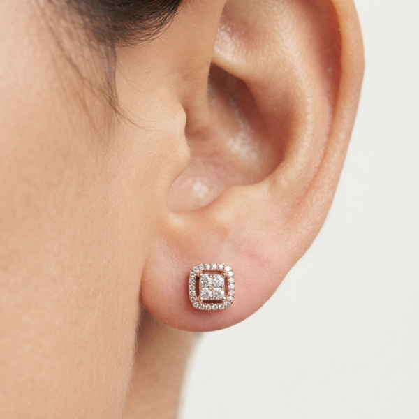 Round Cluster Halo Diamond Stud Earrings 925 Sterling Silver.