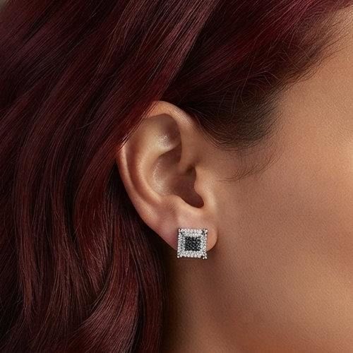 Black & White Moissanite Square Halo Stud Earrings in 925 Sterling Silver for Women