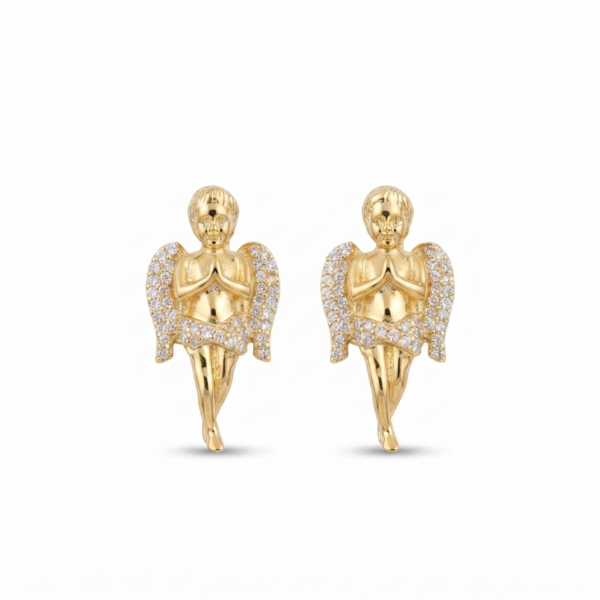 Praying Angel Moissanite Stud Earrings – Gold Finish Hip-Hop Jewelry