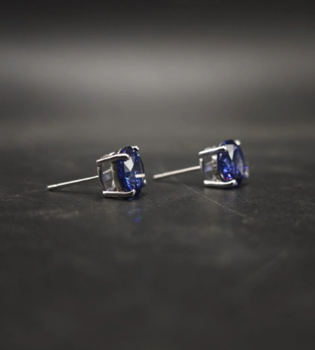Deep Sapphire Blue CZ Stud Earrings In Round Shape In 925 Sterling Silver