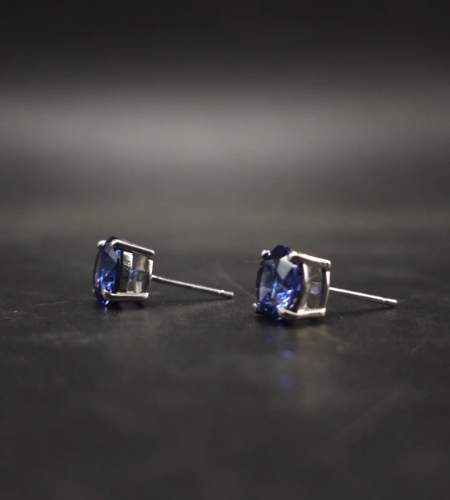 Deep Sapphire Blue CZ Stud Earrings In Round Shape In 925 Sterling Silver