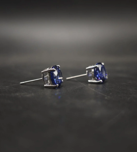 Deep Sapphire Blue CZ Stud Earrings In Round Shape In 925 Sterling Silver