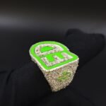 Custom “ED” Initial Baguette Moissanite Ring with Green Enamel in 925 Sterling Silver