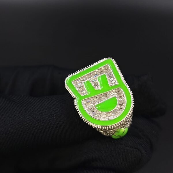 Custom “ED” Initial Baguette Moissanite Ring with Green Enamel in 925 Sterling Silver