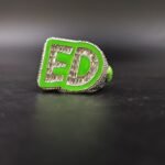 Custom “ED” Initial Baguette Moissanite Ring with Green Enamel in 925 Sterling Silver