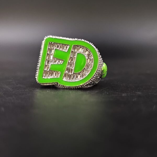 Custom “ED” Initial Baguette Moissanite Ring with Green Enamel in 925 Sterling Silver