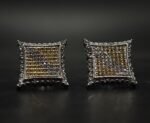 Square Pave Stud Earrings in 925 Sterling Silver – Two Tone CZ Geometric Iced Earrings
