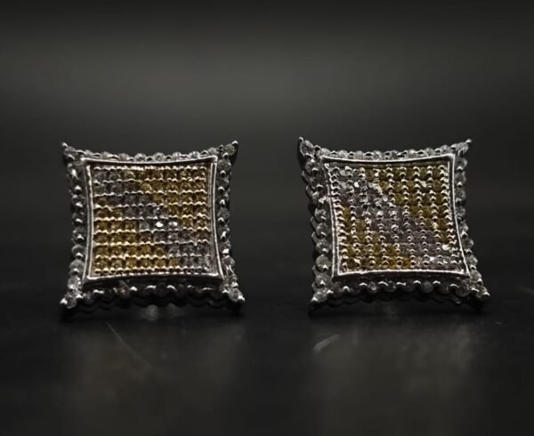 Square Pave Stud Earrings in 925 Sterling Silver – Two Tone CZ Geometric Iced Earrings