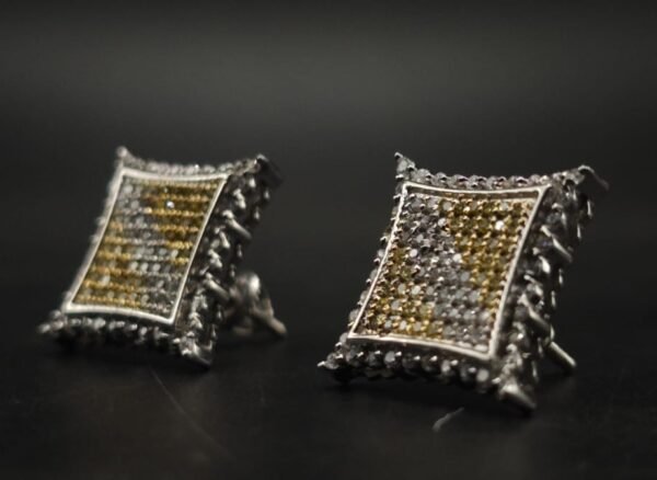 Square Pave Stud Earrings in 925 Sterling Silver – Two Tone CZ Geometric Iced Earrings