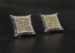 Square Pave Stud Earrings in 925 Sterling Silver – Two Tone CZ Geometric Iced Earrings
