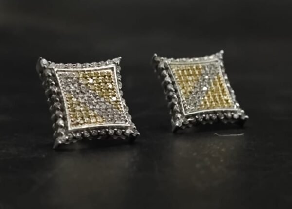 Square Pave Stud Earrings in 925 Sterling Silver – Two Tone CZ Geometric Iced Earrings