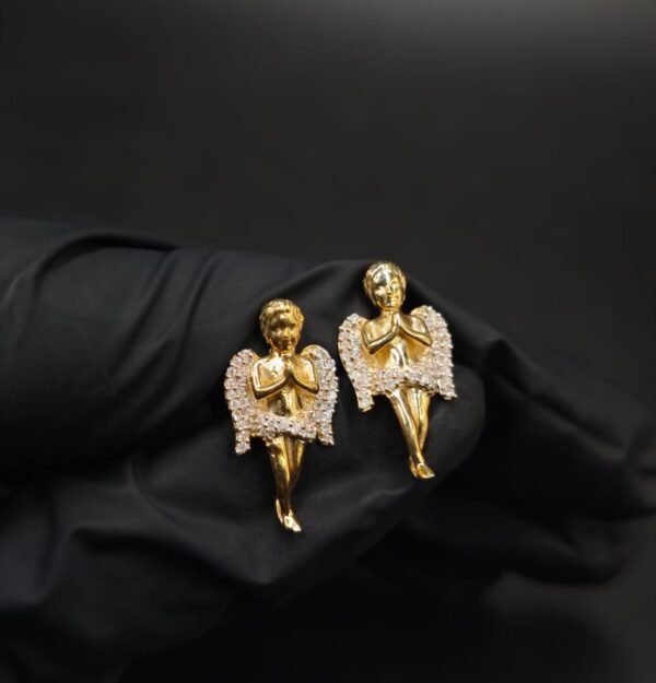 Praying Angel Moissanite Stud Earrings – Gold Finish Hip-Hop Jewelry