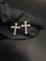 Real Moissanite Cross Stud Earrings For Women's Wear In 925 Sterling Silver.