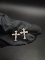 Real Moissanite Cross Stud Earrings For Women's Wear In 925 Sterling Silver.