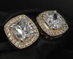 Real Moissanite Stud Earrings Cushion Shape in 925 Sterling Silver.