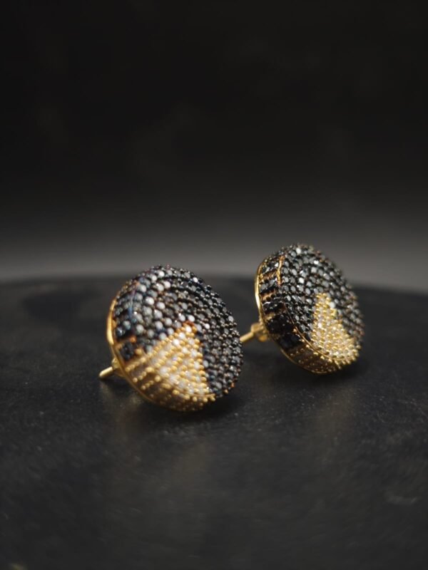 Two-Tone Black and White Moissanite Stud Earrings Geometric Pave Shape In 925 Sterling Silver.
