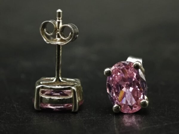 Pink CZ Women's Wear Stud Earrings Oval Shape In 925 Sterling Silver.