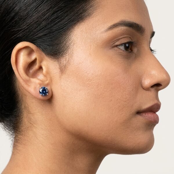 Deep Sapphire Blue CZ Stud Earrings In Round Shape In 925 Sterling Silver