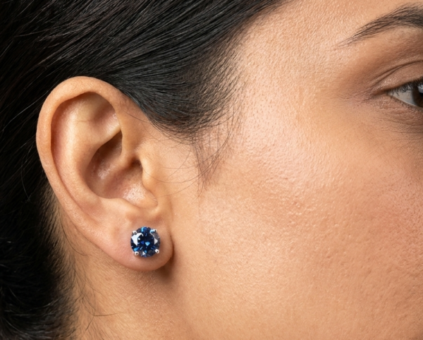 Deep Sapphire Blue CZ Stud Earrings In Round Shape In 925 Sterling Silver