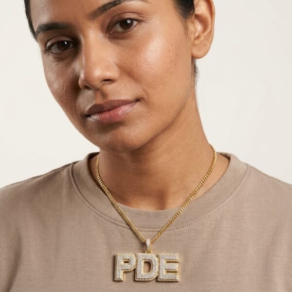 Real Moissanite Custom "PDE" Letter Pendant For Women's Wear In 925 Sterling Silver.
