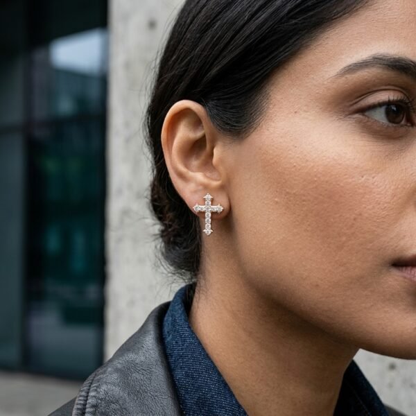 Real Moissanite Cross Stud Earrings For Women's Wear In 925 Sterling Silver.