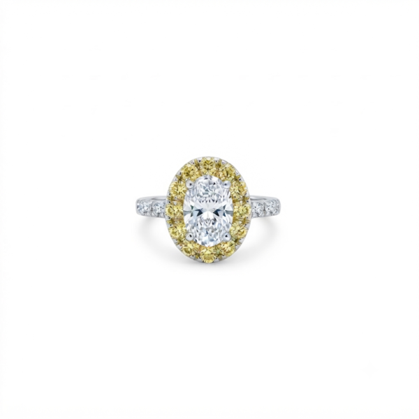 Oval Cut White and Yellow CZ Halo Ring