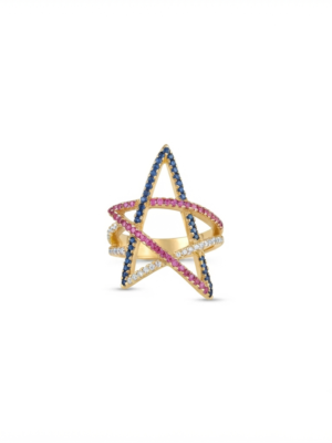 Blue Pink CZ Star Ring In 925 Sterling Silver
