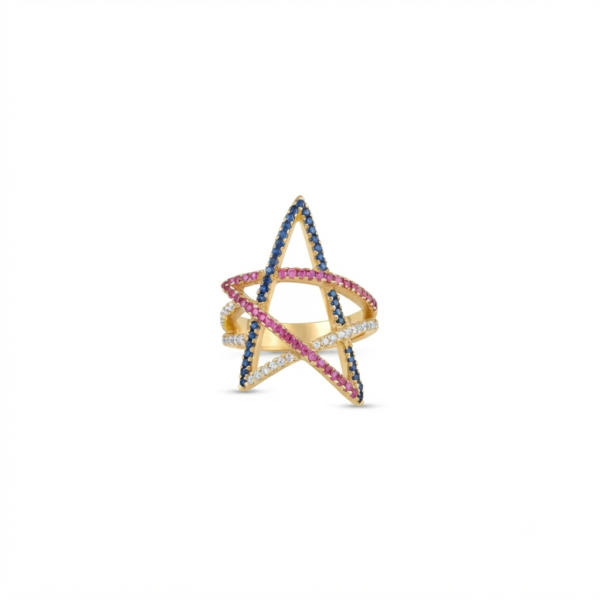 Blue Pink CZ Star Ring In 925 Sterling Silver