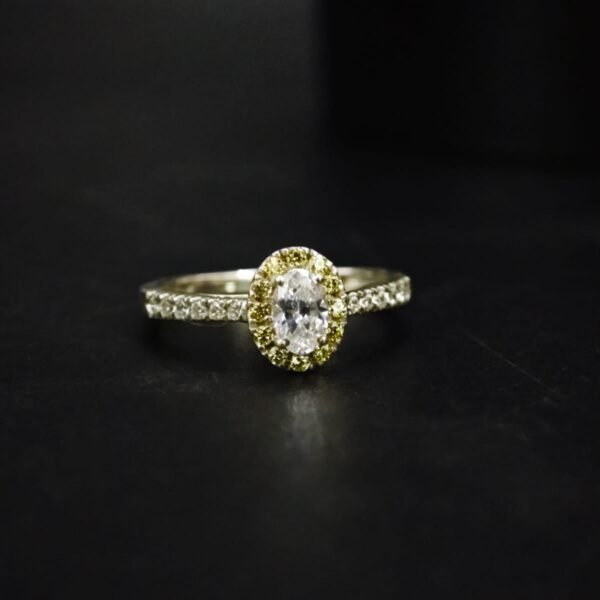 Oval Cut White and Yellow CZ Halo Ring