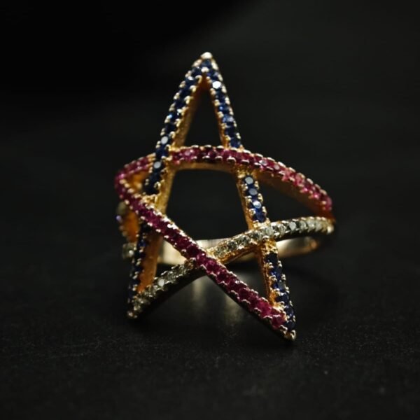 Blue Pink CZ Star Ring In 925 Sterling Silver