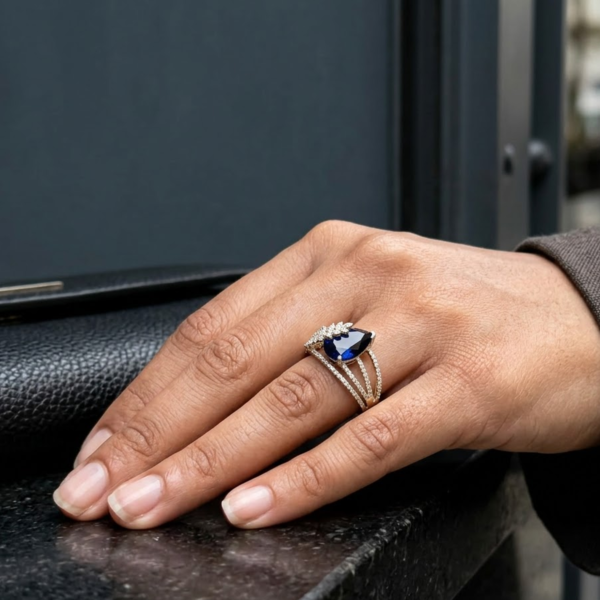Blue Sapphire Pear Moissanite Ring