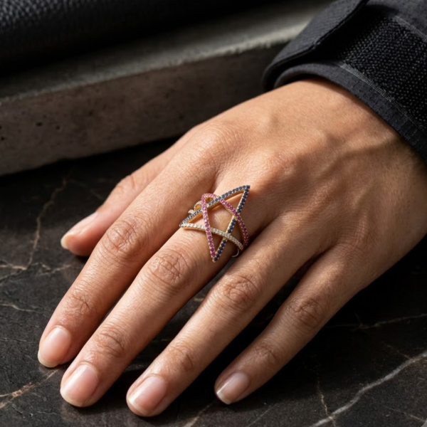 Blue Pink CZ Star Ring In 925 Sterling Silver