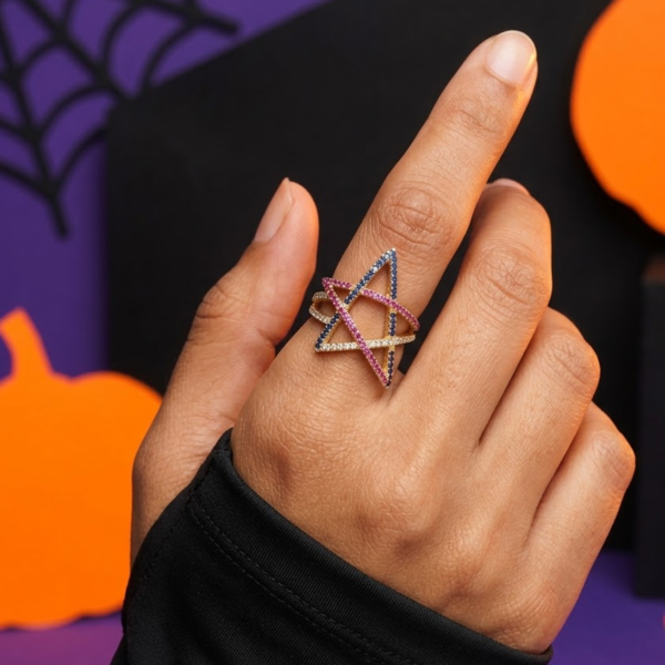 Blue Pink CZ Star Ring In 925 Sterling Silver