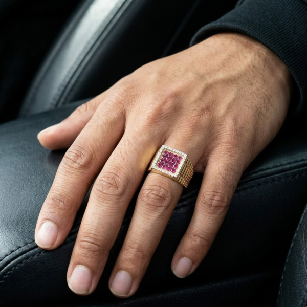 Men's Ruby and Moissanite Square Cluster Ring
